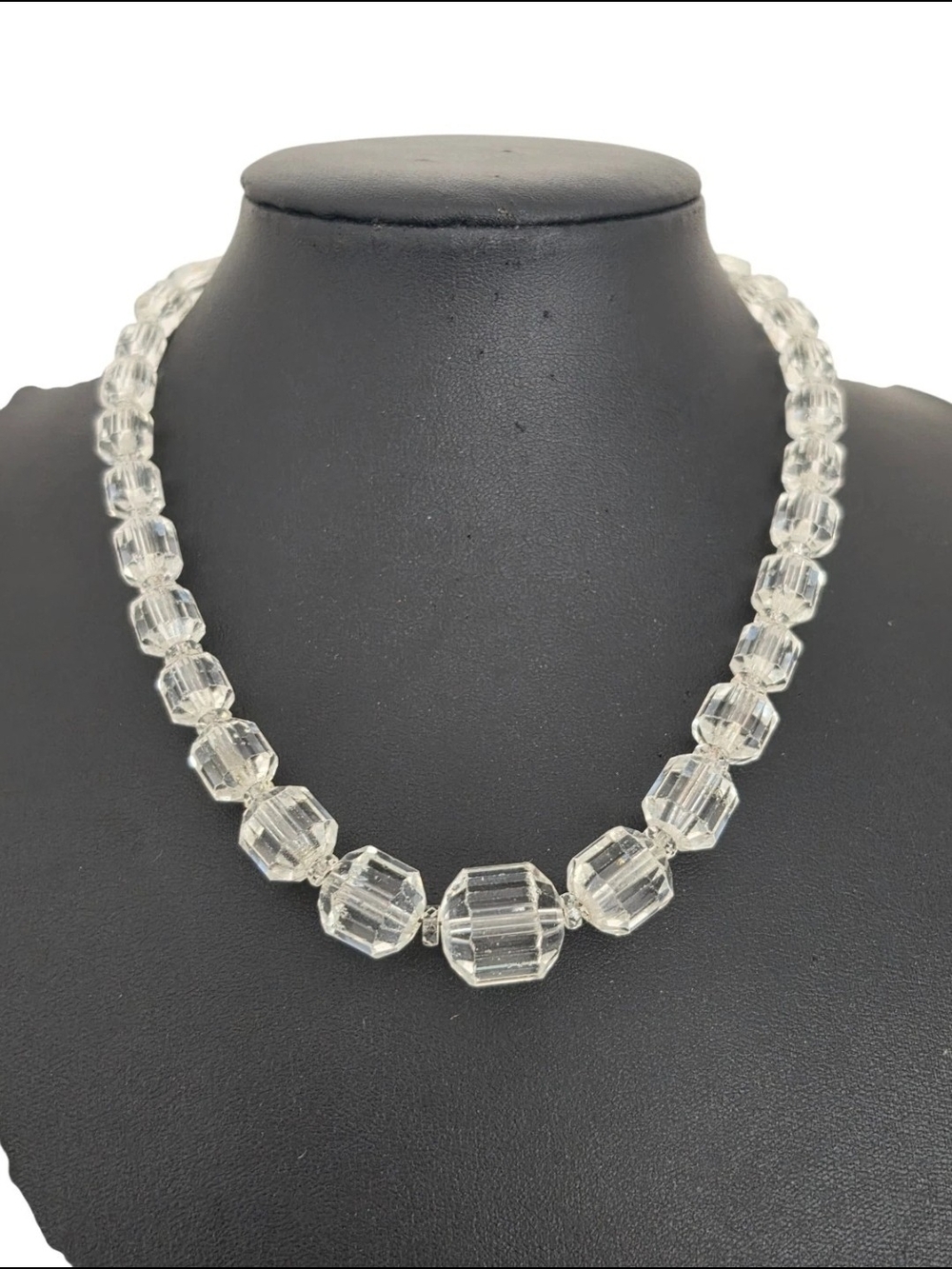 Vintage Clear Faceted Crystal Glass Cube Cut Bead Necklace Art Deco Style 15”